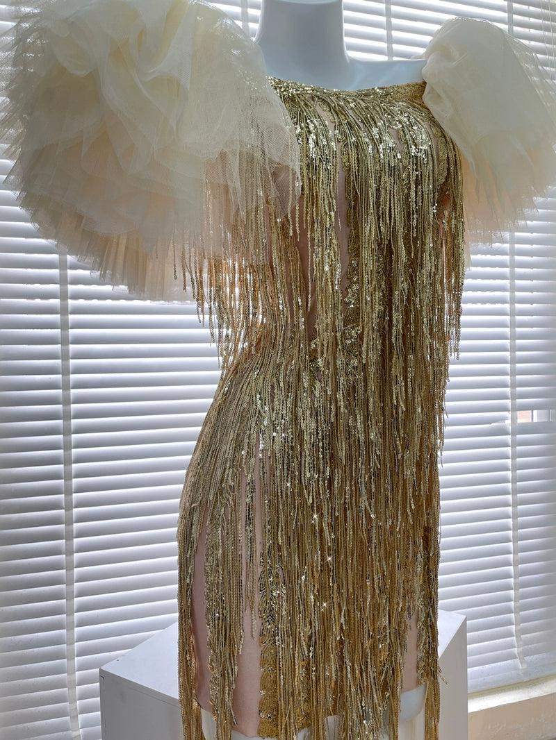 DOLLY Luxury Retro Puff Sleeve Glitter Tassel Tube Top Short Party Dress-LORENA