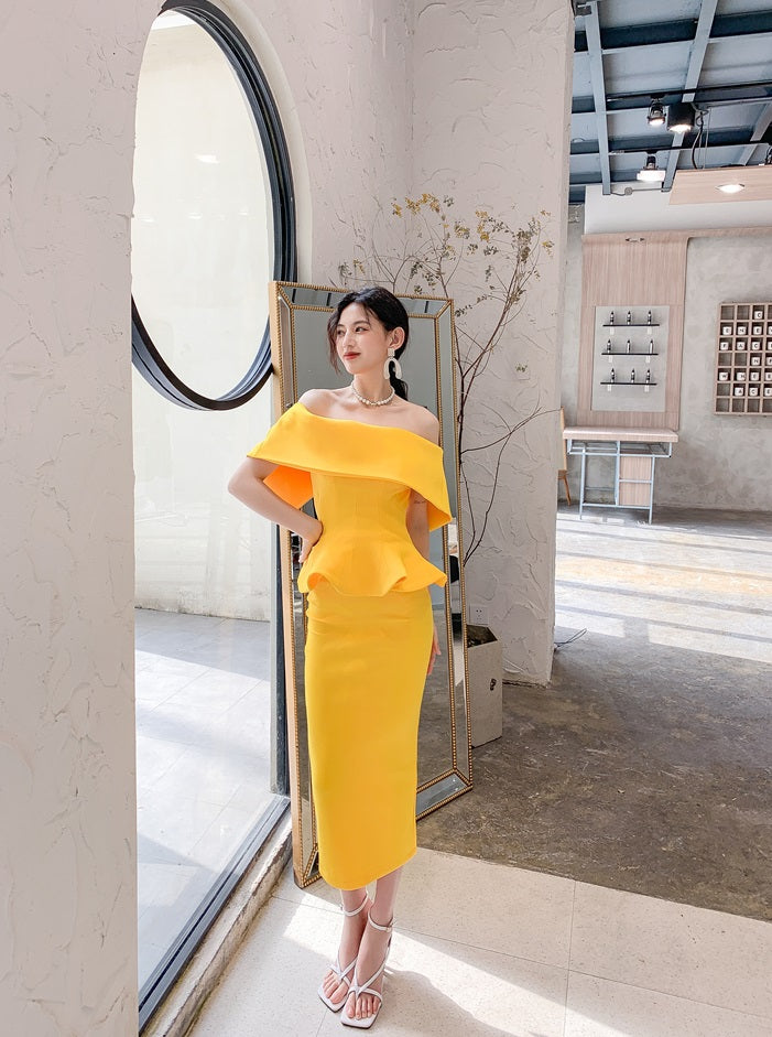 DOLLY High End Off Shoulder Peplum Tube Top Slim Fit Wedding Guest Dress-HANS