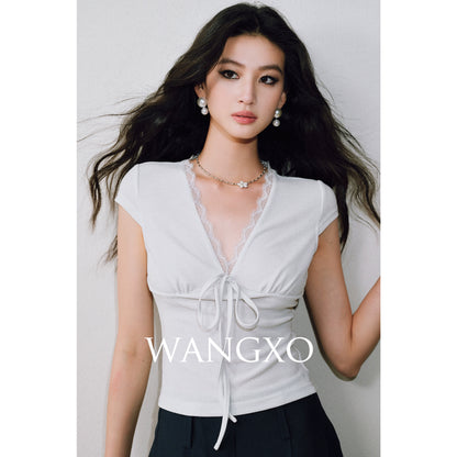 WANGXO | Sparkling Silk High-Density Knit Hand-Shaped Lace Detail V-Neck Slim Fit Top -NOYA