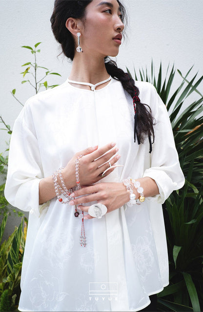 TUYUE White Acetate Satin Jacquard Buckle Shirt- SANDRA.