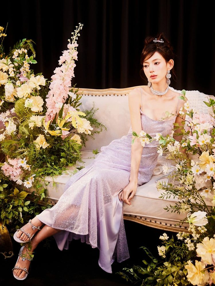 DOLLY Elegant Purple French Style Sleeveless Sequin Backless Long Evening Dress-WILLOW   (V)