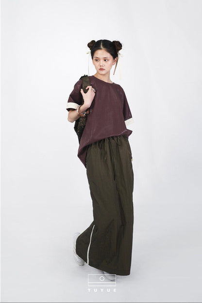 TUYUE Glossy Loose Crimp Short Sleeve Casual T-shirt - MABEL.