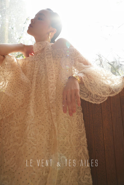 LE VENT&TES AILES Luxury off-Shoulder Lace Jacquard 3d Detailing white Dress- ZORA