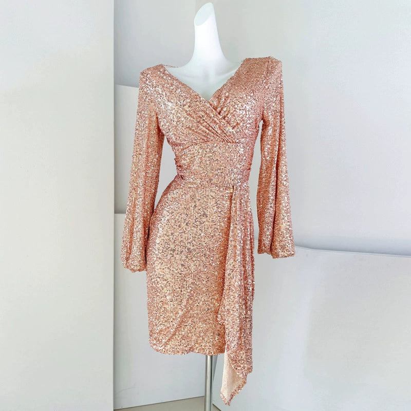 DOLLY Luxury Bright Sequin V-Neck Long Sleeve Short Irregular Hem Dress-WILLOW