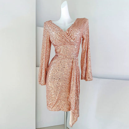 DOLLY Luxury Bright Sequin V-Neck Long Sleeve Short Irregular Hem Dress-WILLOW