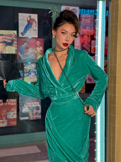 Le Palais Vintage Original New Chinese Green Velvet Wrap Top + Irregular Draped Skirt-TEE.