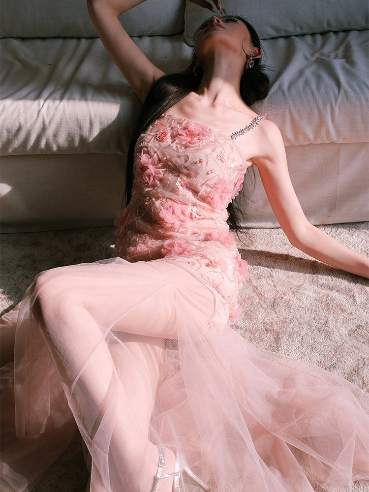 Wardrobes by Chen High End Pink Sleeveless Flower applique Sequin Dress-Bena