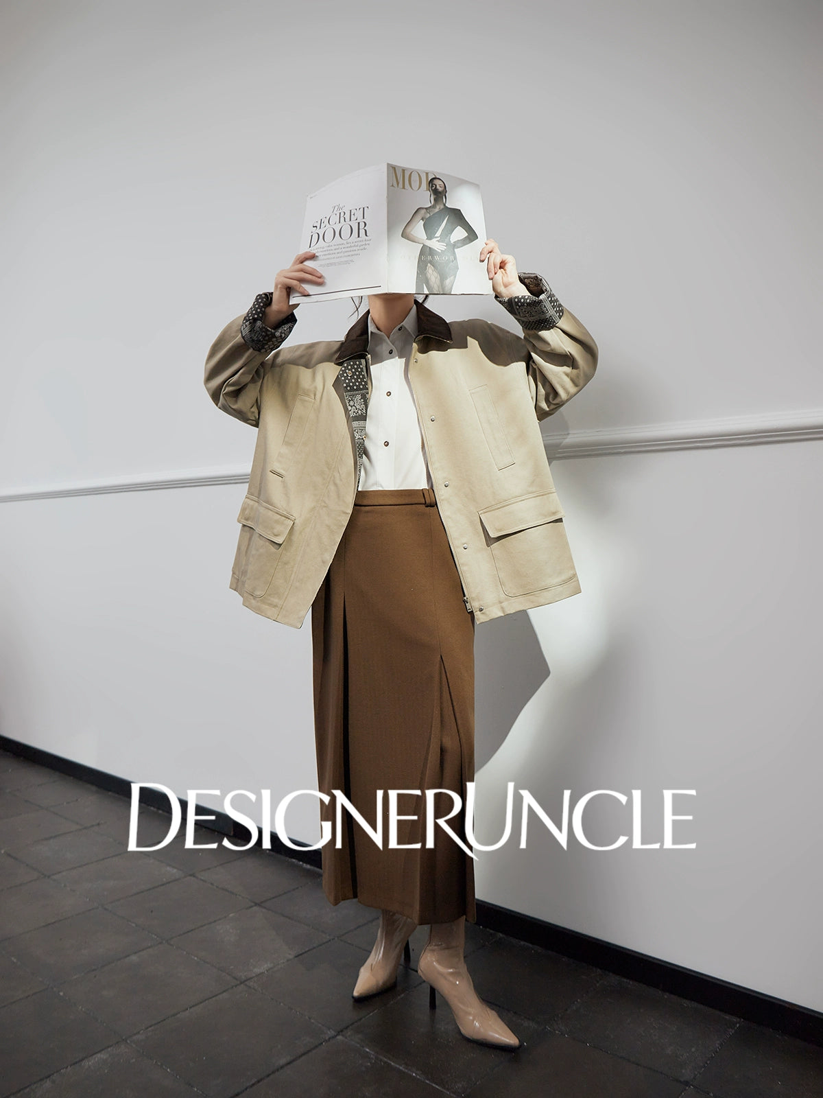 DGU "Mu Brown" retro khaki jacket retro loose slimming versatile top - Wilhelmina.