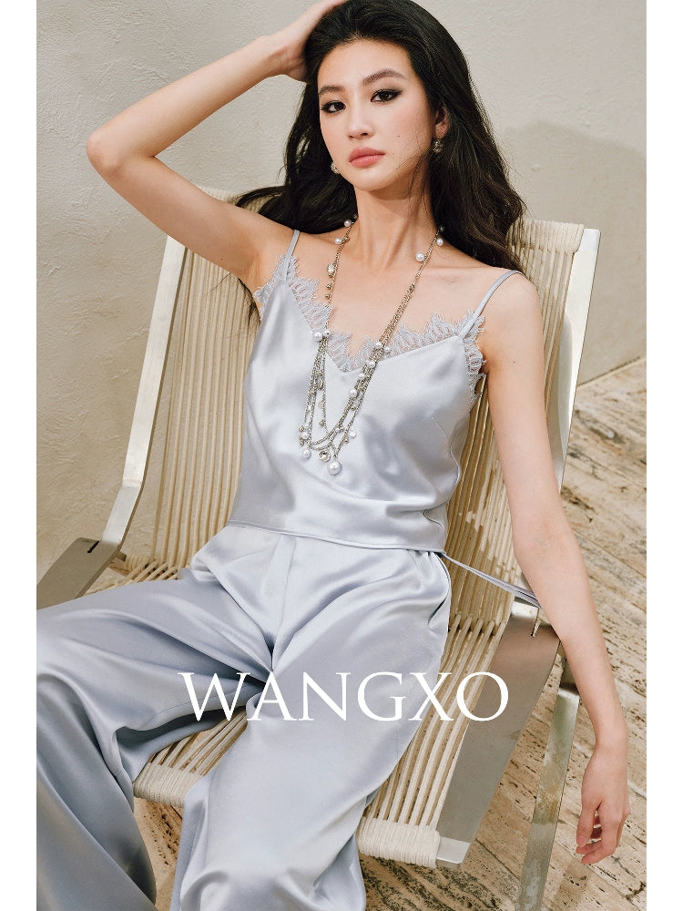 WANGXO | Hemp-Textured Acetate Satin  ight Luxury Lace Suspender, Shirt & Trousers Three-Piece Set- SARI