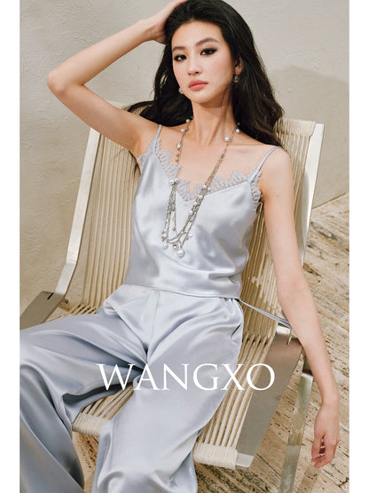 WANGXO | Hemp-Textured Acetate Satin  ight Luxury Lace Suspender, Shirt & Trousers Three-Piece Set- SARI