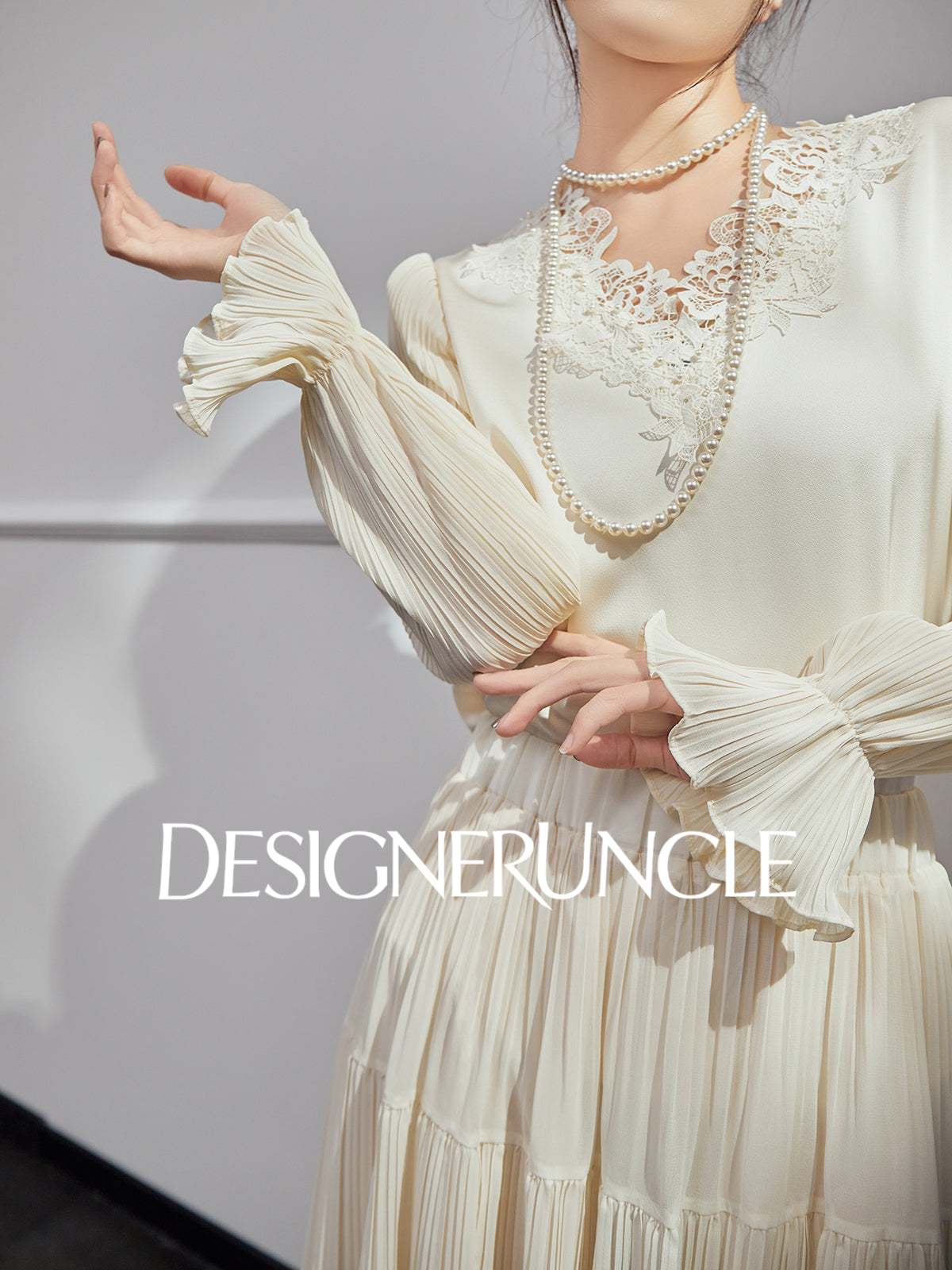 DGU| Beige New High-End Ruffled Lace Stitching Design Long-Sleeved Top - RUBY.