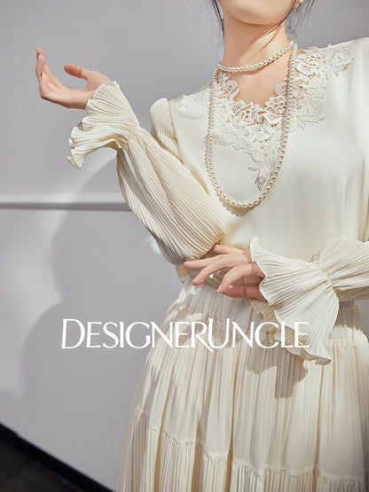 DGU| Beige New High-End Ruffled Lace Stitching Design Long-Sleeved Top - RUBY.