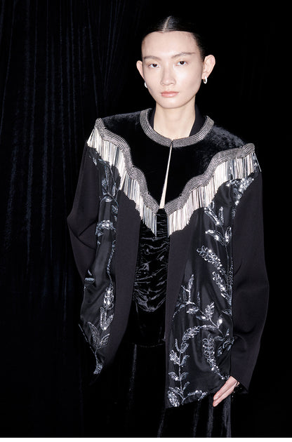 M essential Mackay designer silk-velvet crewneck tassel cape blazer dress set-  Benny.