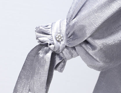 WANGXO | Glossy Satin Scratch & Bright Silk Interlace Pleated Streamer V-Neck Shirt -FÍYA.