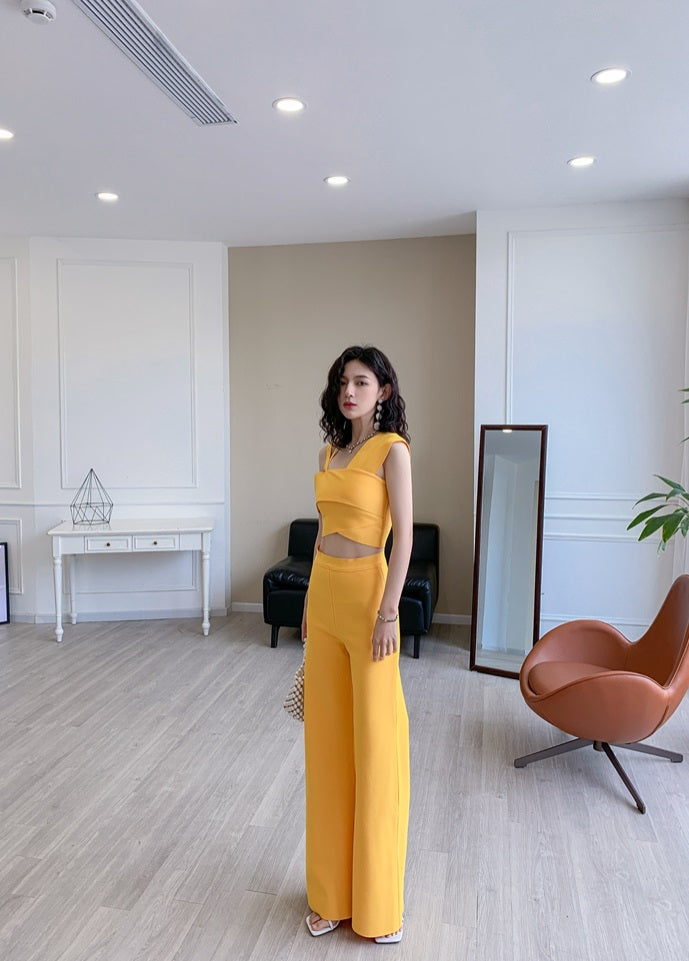 DOLLY Elegant Two Piece One Shoulder Top Design +Long Flared Pants-AMINA