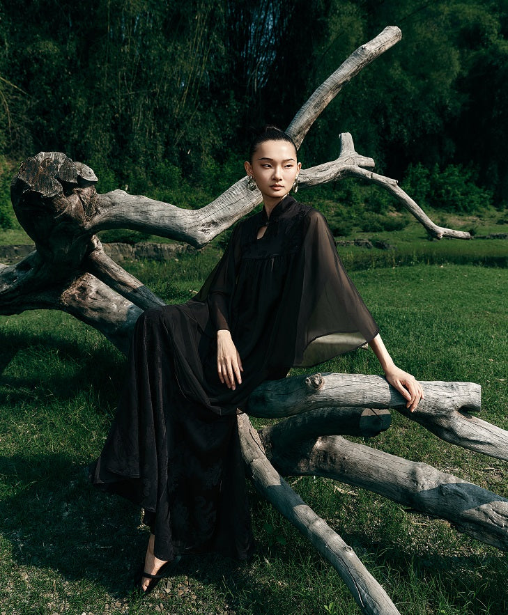 HECO [Feng Wu Clear Sleeves] New Chinese Standing Collar Buckle Flowing Dress- CLOAK.