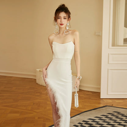 DOLLY Elegant Sleeveless Off Shoulder Tube Top High Slit Feather Dress-NIKKI