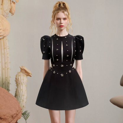 CHECOCRE summer new commuter open waist puff sleeve heavy industry beaded dress - TUOR