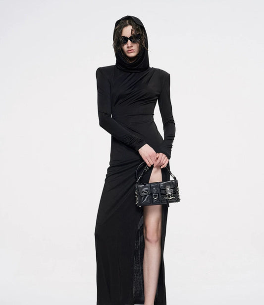 ANNAKIKI Designer Black Acetate Hood Slit Long Skirt Dress-HARUNA