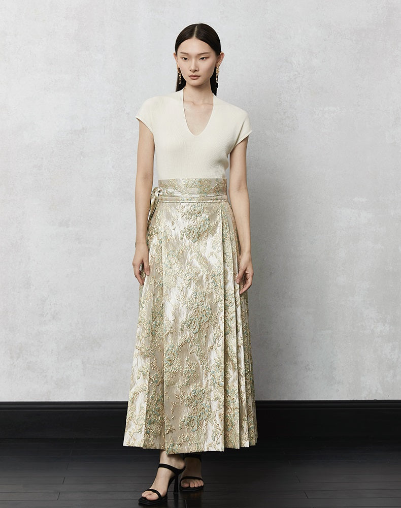 HECO high waist pleat blue purple green jacquard Embossed Skirt Women - king.