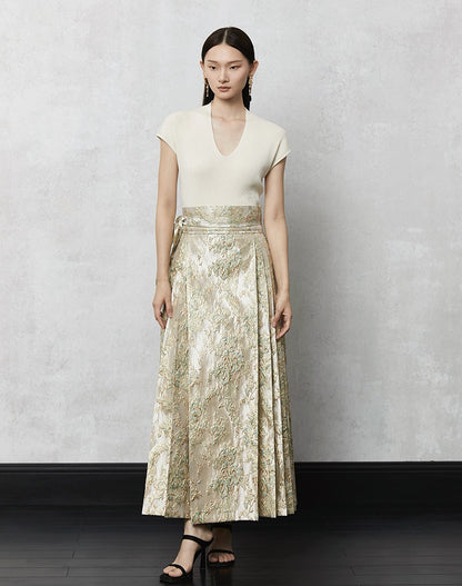 HECO high waist pleat blue purple green jacquard Embossed Skirt Women - king.