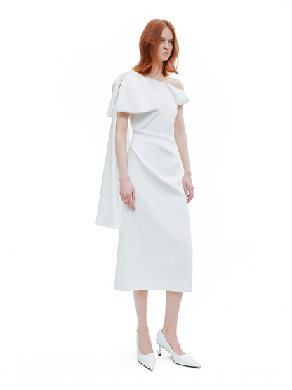 YES BY YESIR |Ye Qian  Slanted Shoulder Ribbon Bow Dress -EVANGELINE.