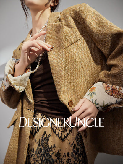 DGU| Coffee Suit Single-Breasted V-Neck Knitted Cardigan Woven Hip Skirt Set - MAKER.