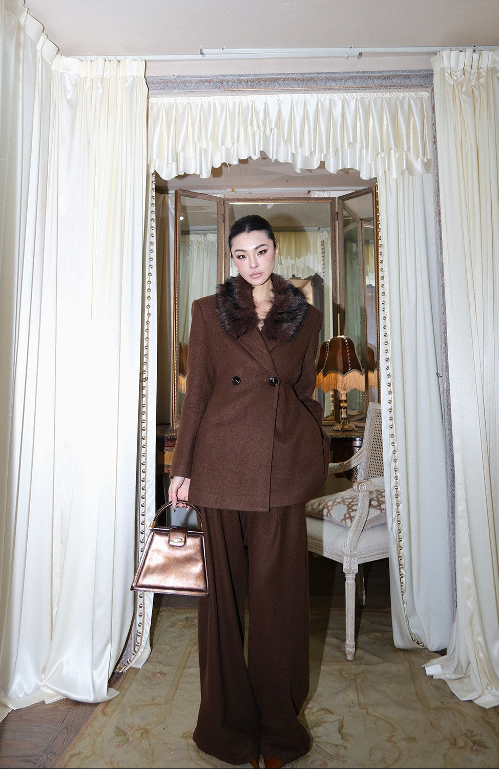 MEI SANGUAN Coffee Velvet Blazer & Slacks Set - ELENA