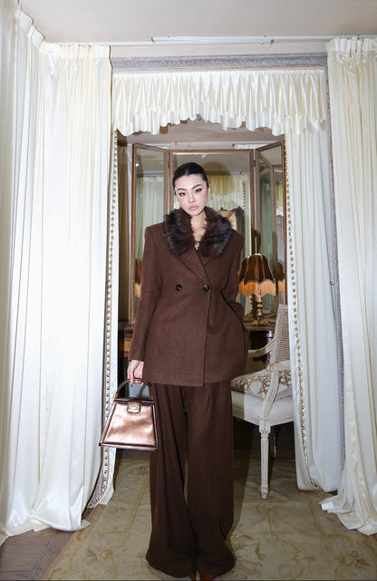 MEI SANGUAN Coffee Velvet Blazer & Slacks Set - ELENA