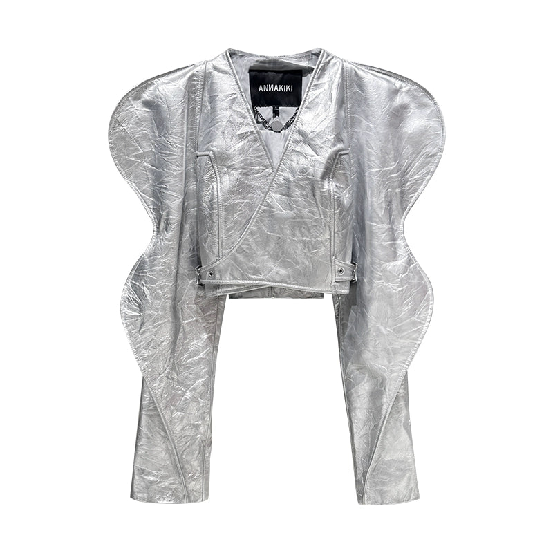 ANNAKIKI Wave Sleeve Japanese Button Leather Short Jacket Women-RINTAROU