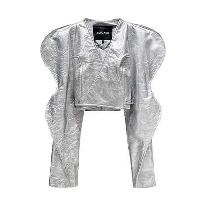 ANNAKIKI Wave Sleeve Japanese Button Leather Short Jacket Women-RINTAROU