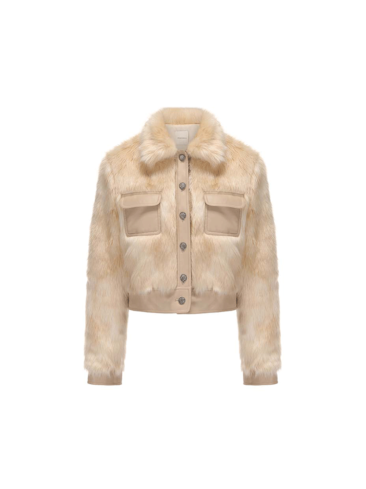 ATELIER MISS LU Vintage Pocket Stitching Faux Fur Short Jacket - BLOOM.