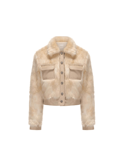 ATELIER MISS LU Vintage Pocket Stitching Faux Fur Short Jacket - BLOOM.