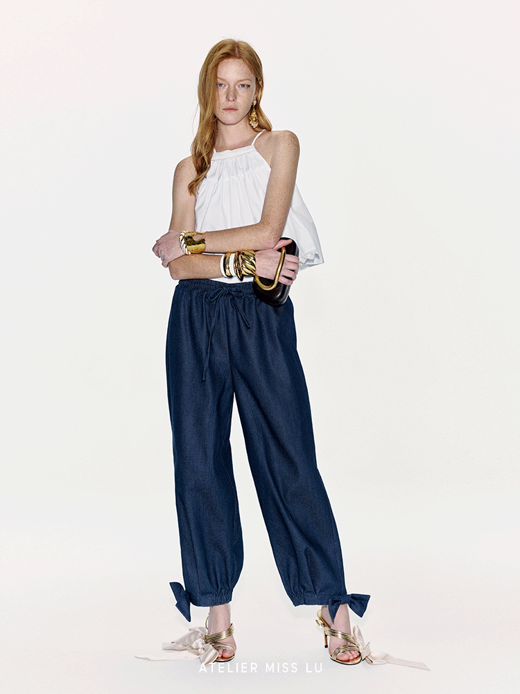 ATELIER MISS LU Bow-embellished Denim Cuffed Pants- KINGDOM.