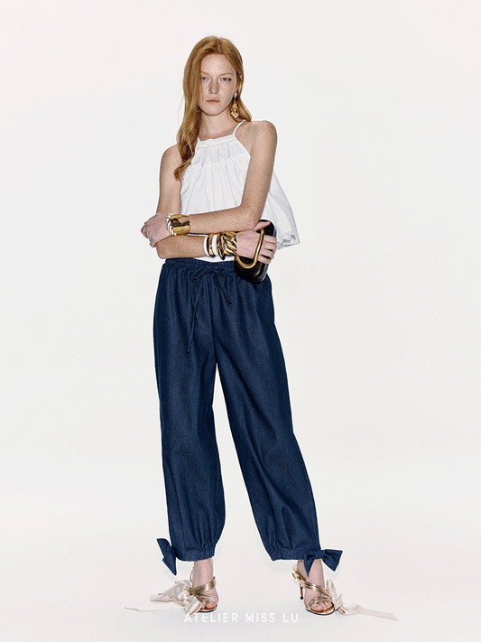 ATELIER MISS LU Bow-embellished Denim Cuffed Pants- KINGDOM.