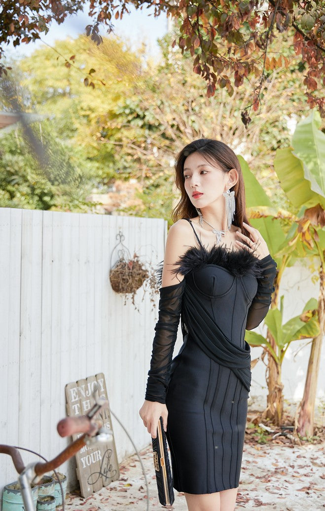 DOLLY Elegant Black Sleeveless Feather Off Shoulder Long Sleeve Party Dress-CHRIS