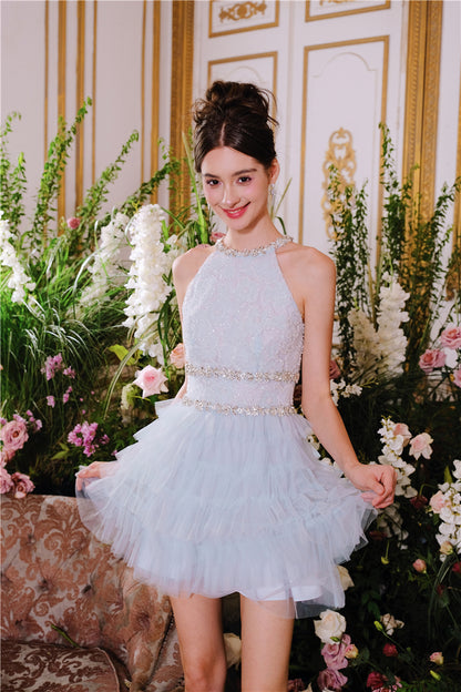 Wardrobes by Chen Luxury Couture Sleeveless halter layered party Dress- Nuni