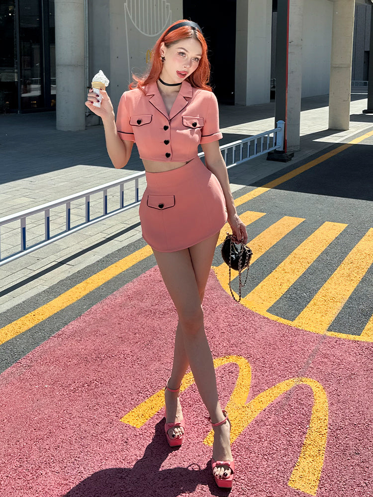 Le Palais Vintage  Peach Pink Small Fragrance Crop Top + Skirt Set-BEN