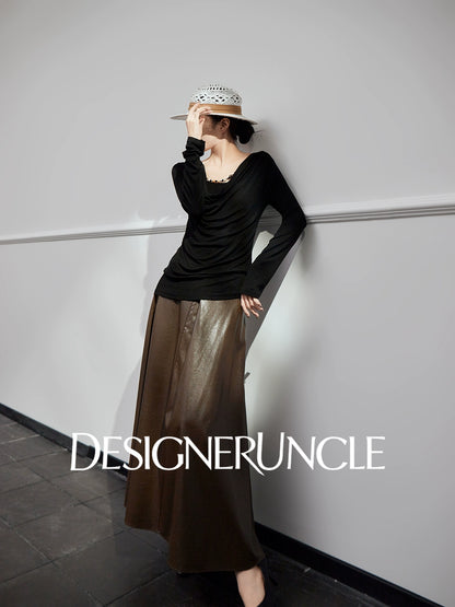 DGU|Black Knitted Drape V-Neck Top and brown pleater skirt- WAVES.
