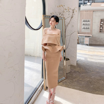 DOLLY High End Off Shoulder Peplum Tube Top Slim Fit Wedding Guest Dress-HANS