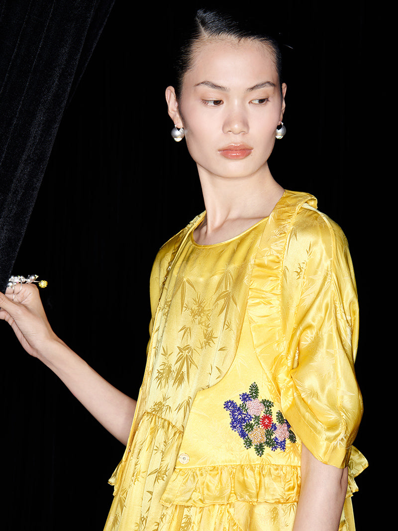 M essential Mackay designer Pine yellow jacquard short-sleeved tower fll dress- Abyn.