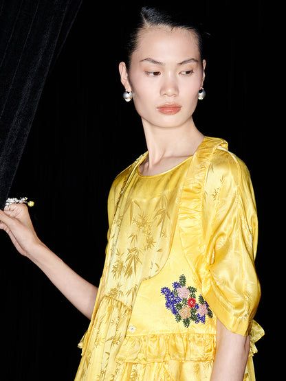 M essential Mackay designer Pine yellow jacquard short-sleeved tower fll dress- Abyn.