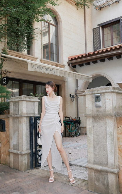 DOLLY High End White Retro Style Sleeveless Long Pleated Slit Cocktail Dress-SARAI