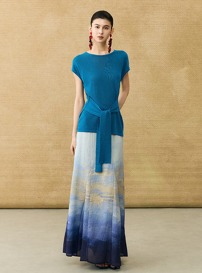 HECO Chinese Slimming Waist Linen Knit Breathable Crew Neck T-Shirt - INDIGO.