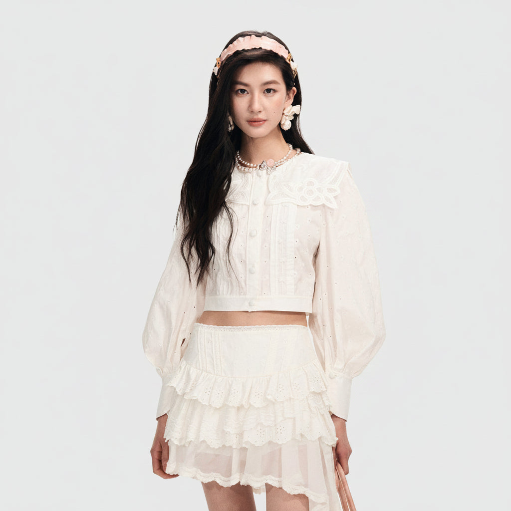 FAME Embroidered Shawl Collar Court Style Top - JERICHO