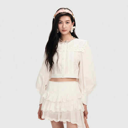 FAME Embroidered Shawl Collar Court Style Top - JERICHO