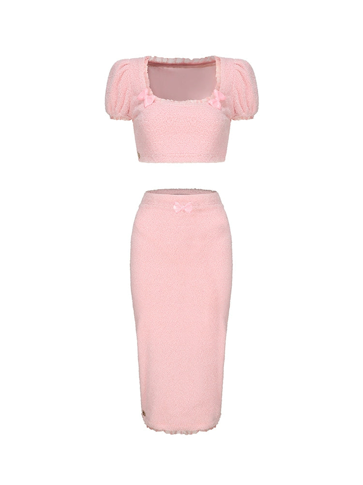 Le Palais Vintage Pink Plush Crop Top + Hip Skirt Set