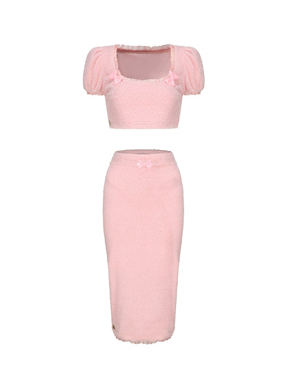 Le Palais Vintage Pink Plush Crop Top + Hip Skirt Set