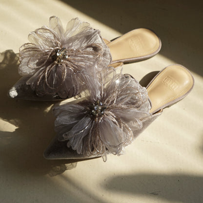 B-FEI flower embossed velvet pointed toe flat slippers-HAEIN.