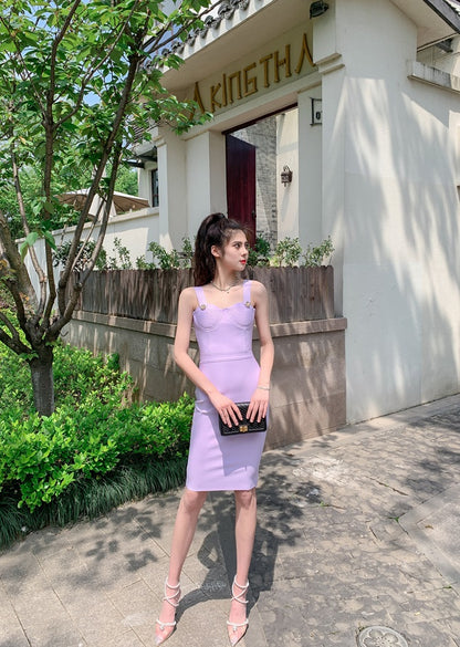 DOLLY Elegant V-Neck Sleeveless Tube Top Body Hug Midi Party Dress-KASIE